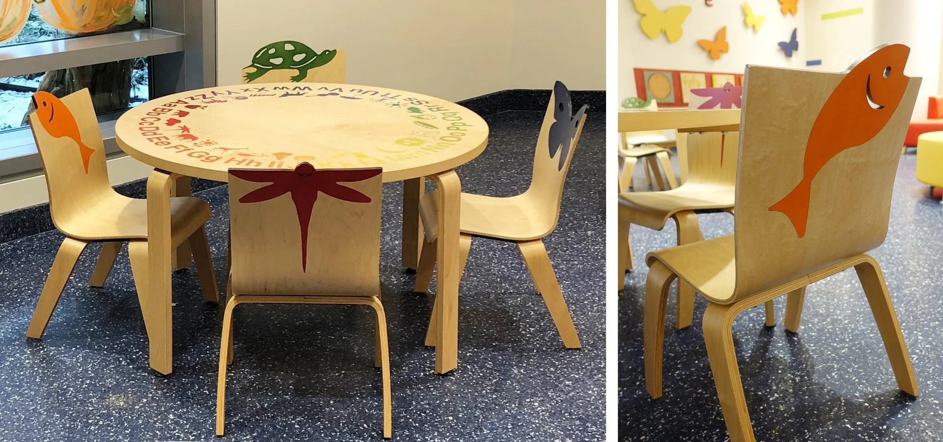 Wooden Children's Chairs in Detroit Medical Center Hospital Lobby