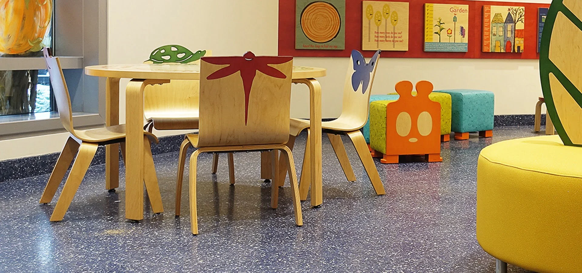 Wooden Children's Chairs in Detroit Medical Center Hospital Lobby