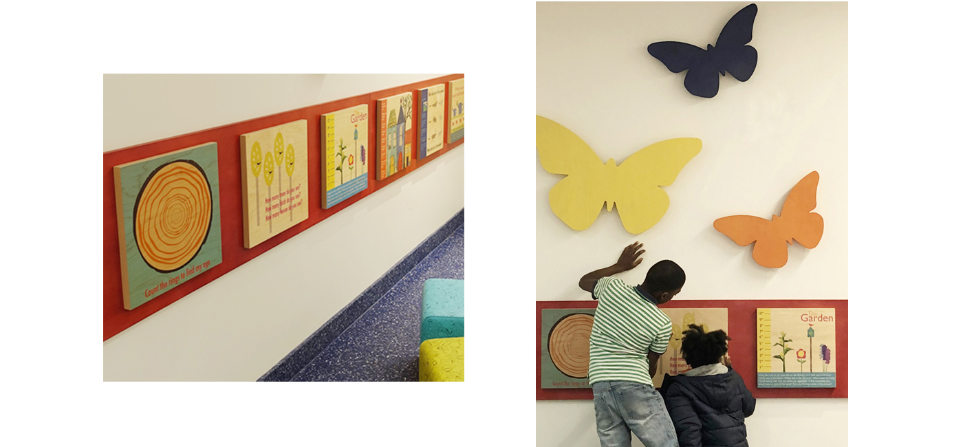 TMC Learning Panels with Mounting Panel and children playing with Learning Panels in healthcare lobby