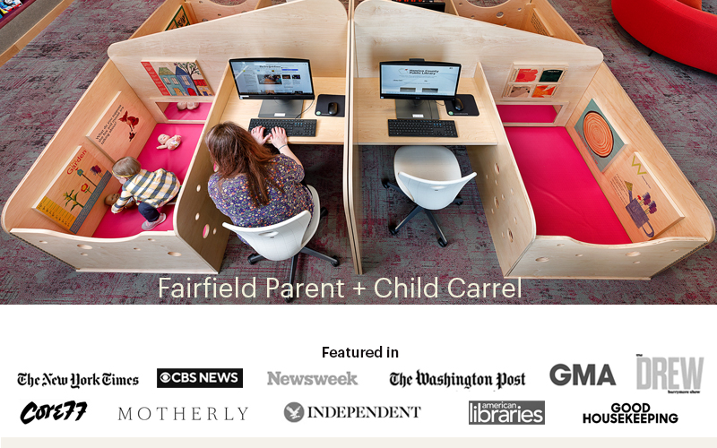 Fairfield Parent+Child Carrels, Parent working with child playing in Henrico County Fairfield Library; New York Times, CBS News, The Washington Post, Core77, Motherly, Independent, Assorted press